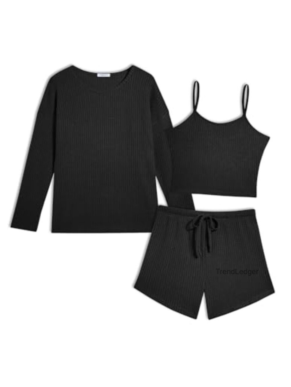 3 Piece Waffle Knit Lounge Set Long Sleeve Top Tank Shorts Pajama Set